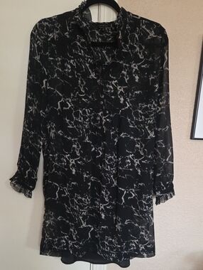 Lucky Brand Black and Cream Marble-Print Long Sleeve  Dress
